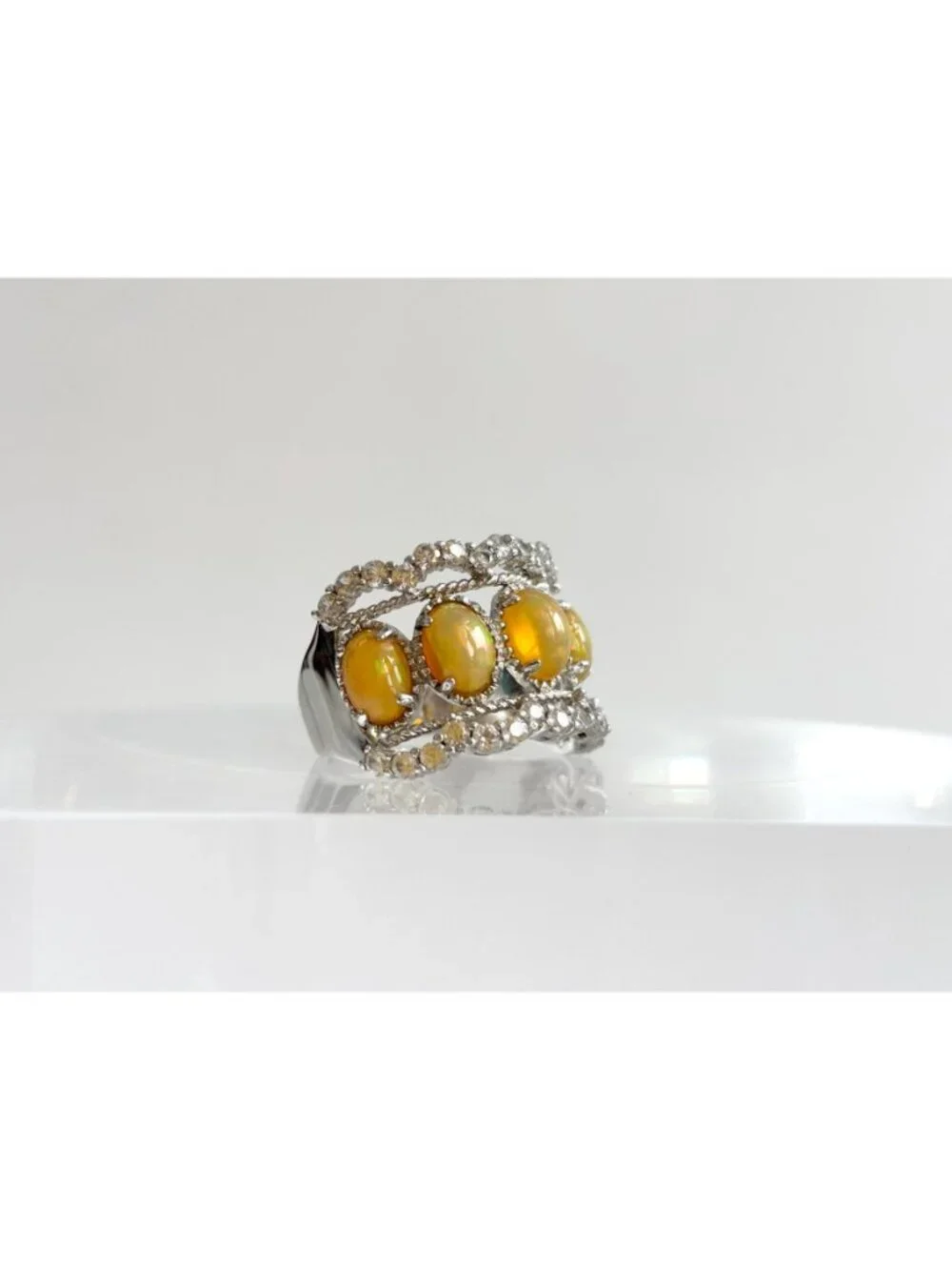 Ethiopian Opal Stone Row Set Scalloped Sterling Silver 925 Vintage Ring - sz 8